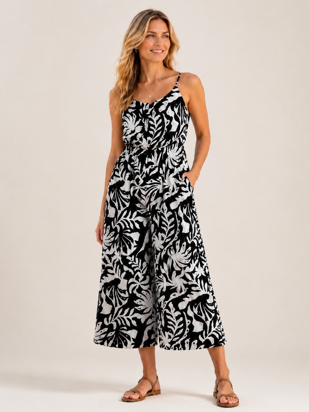 NWT Rachel Zoe Linen Blend Wide Leg Jumpsuit, Tropical Palm Print, Large